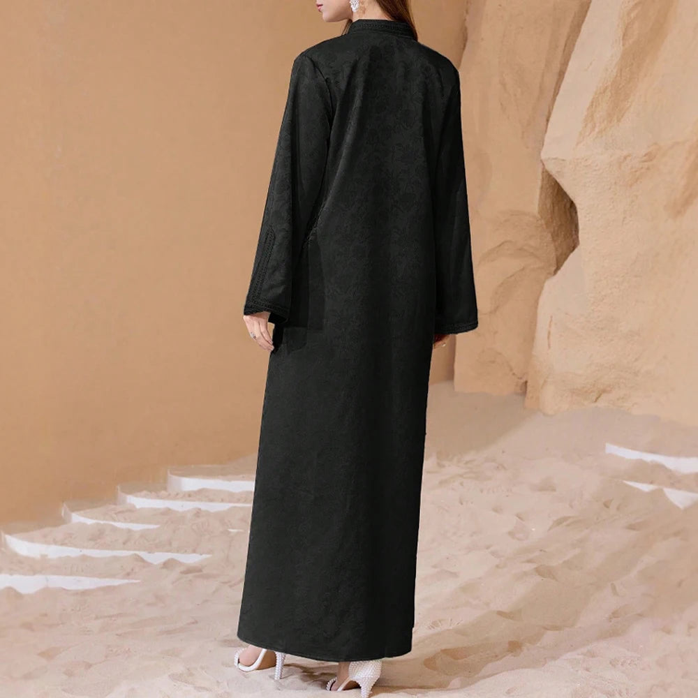 Rafiah Summer Dresses 2025 Women's Plain Long Sleeve Half Open Collar A-Line Draped Basics Midi Arabian Dress