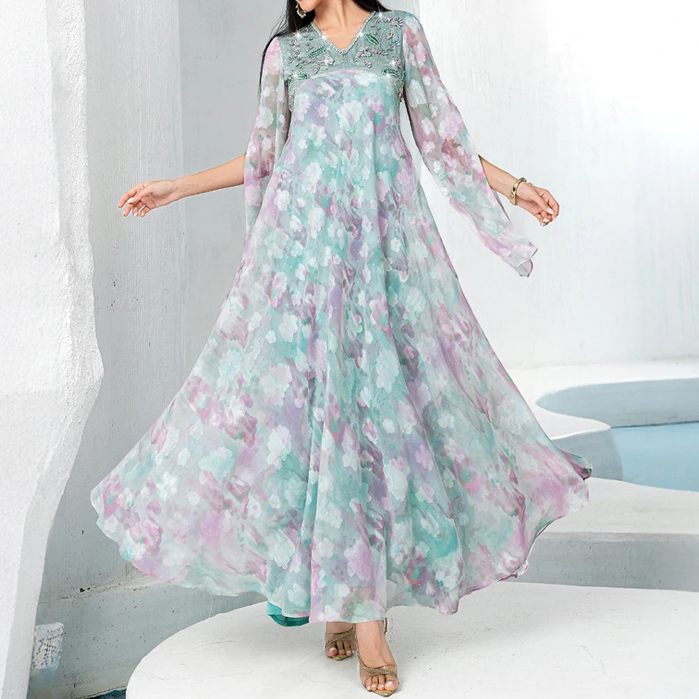 Rafiah Summer Dress 2025 Women's Elegant Embroidered Flares Long Sleeve V-Neck Dating A-Line Long Arabian Dress