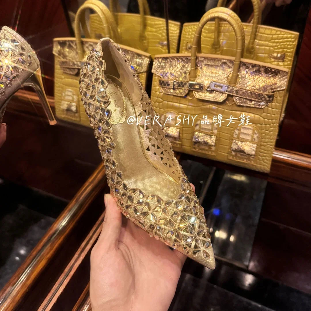 Rhinestone Pointed High Heels Pumps Women Crystal Hollow Slip On Stiletto Heel Banquet Dress Single Shoes 8cm
