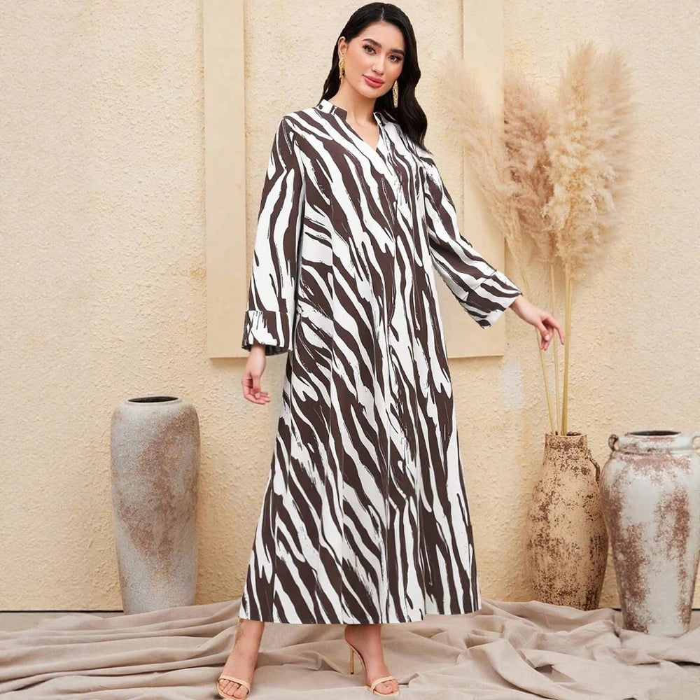 Plus Size Rafiah Women's Summer Arabian Dress 2025 Zebra-Stripe Contrast Color Long Sleeve Half Open Collar Long Dress