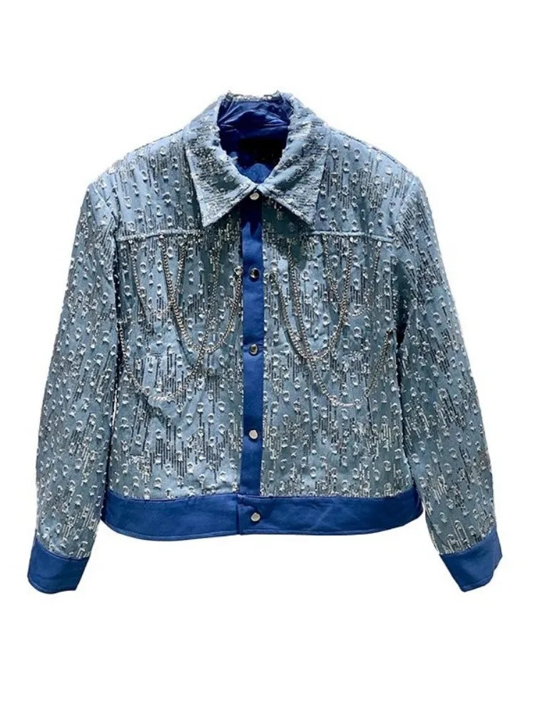 Mens Blue Denim Jacket Fashion Sequined Chain Turn-Down Collar Spring Autumn Short Coat Single Breasted Casual Outerwear Male