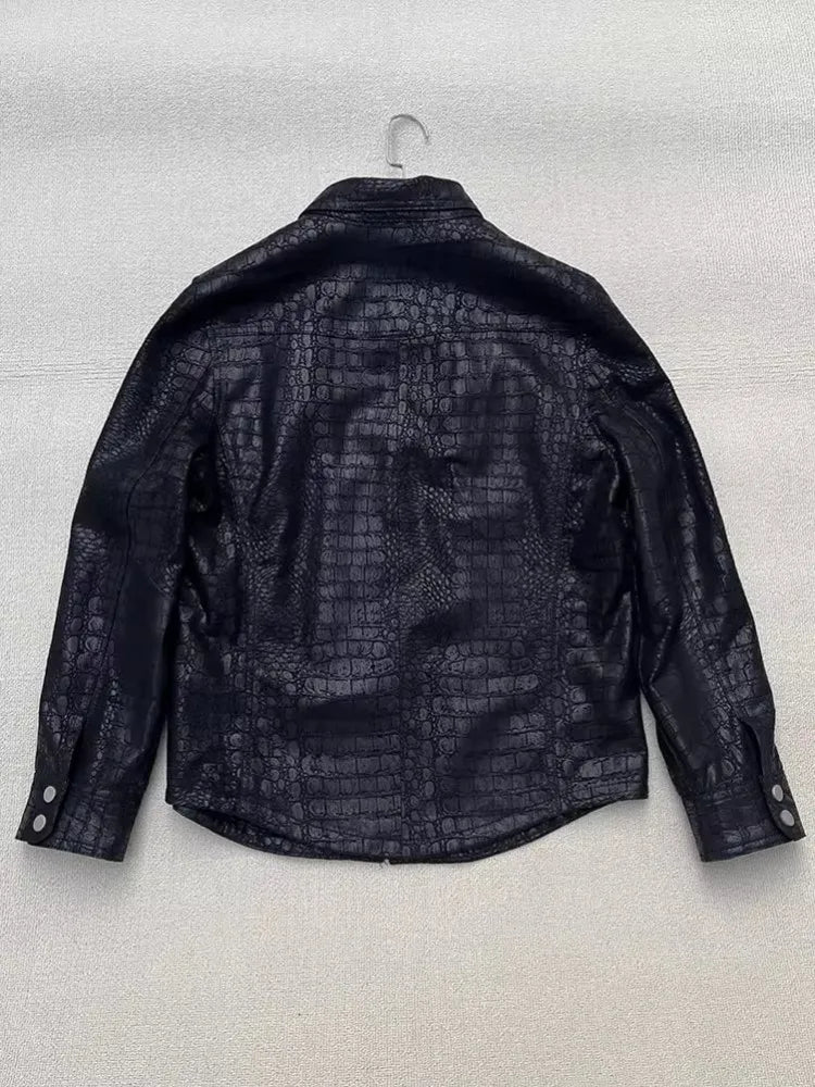 Soft Alligator Pattern Sheepskin Genuine Leather Jacket Men Slim Fit Single Breasted Business Casual Work Natural Leather Tops
