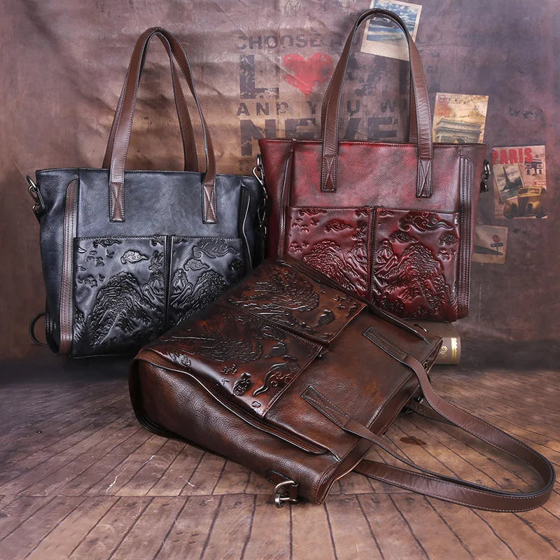 MOTAORA Vintage Genuine Leather Handbag for Women Handmade Embossed Tote Bag Casual Shoulder Bag Purse 2025 Trendy Designer