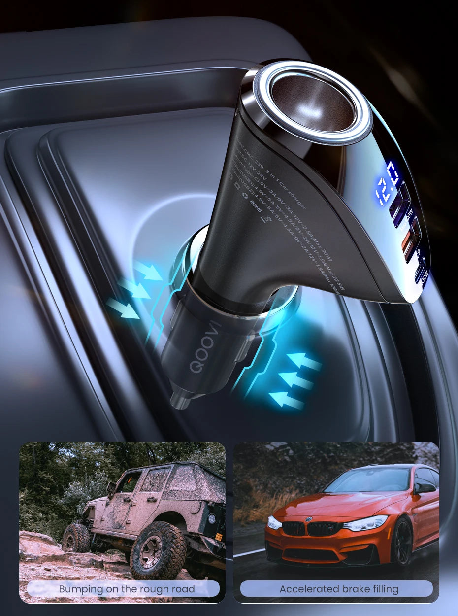 QOOVI 150W 4-Ports Car Charger USB Type C Super Fast Charging PD 4.0 Cigarette Lighter Socket For iPhone Xiaomi Samsung Huawei