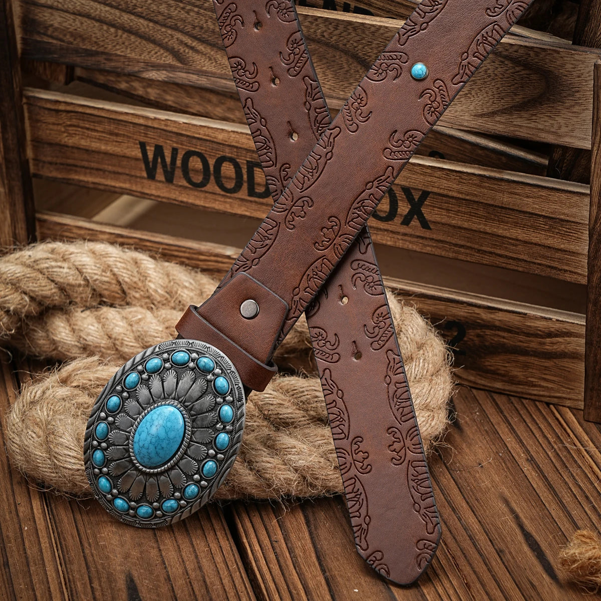 Western Cowboy PU Leather Belt - Men Waist Strap Bull Decoration Floral Engraved for Jeans