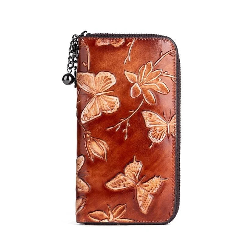 MOTAORA 2025 New Genuine Leather Women Wallet Vintage Embossed Long Purse For Women Hand Painted Butterfly Wallet ID Card Holder