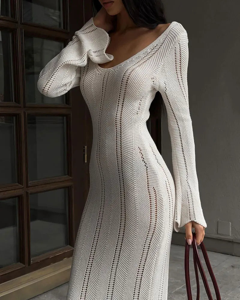 Knitted Hollow Out Maxi Dress – Women's Long Sleeve Off Shoulder Slim Fit.White/Black