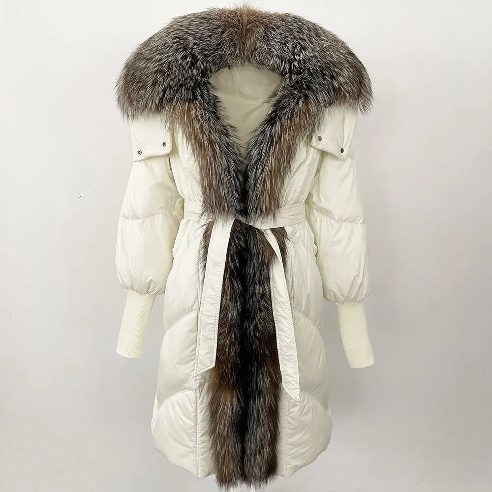 2025 Autumn Winter Women Coat Real Natural Fox Fur Long Down Jacket Thick Warm Casual Hooded White Duck Down Elegant Overwears