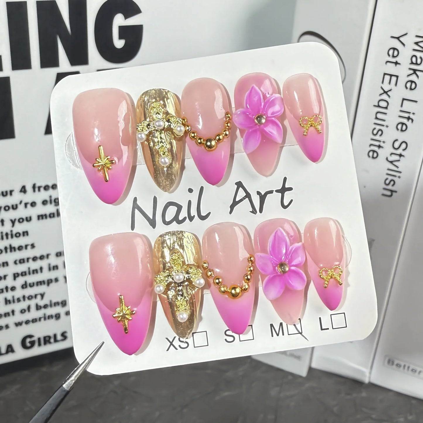 Handmade Short Press on Nails with Charms 3D Rhinestone Almond Reusable False Nails with Design Acrylic Fake Nail for Girls