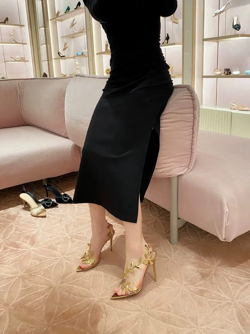 Gold High Heels Women 2025 Summer New Metal Patent Leather Leaf Thin Heel Pointed Open Toe Purple Sandals