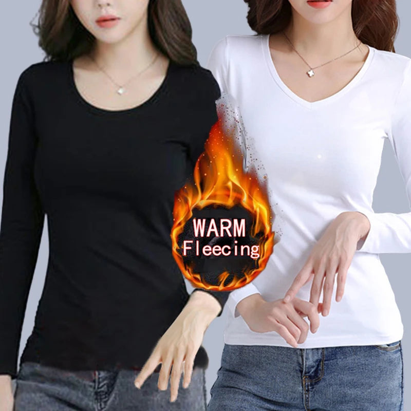 O Neck Long Sleeve Fleeceing Heating Fiber Thermal Basic T-Shirts Women Winter Bottoming Cropped Tops Casual Skinny All-match