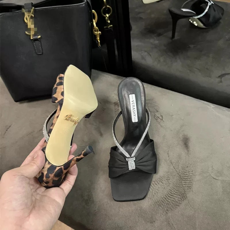 Leopard Satin Rhinestone One-Strap Sandals Women 2025 Summer New Bow Open-Toe Thin High-Heeled Slippers Casual Fashion pump