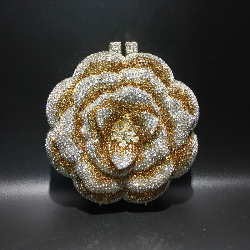 Rose Flower Pink/Green Rhinestones Evening Clutches Women Floral Yellow Crystal Evening Bags Bridal Wedding Party Clutch Purse