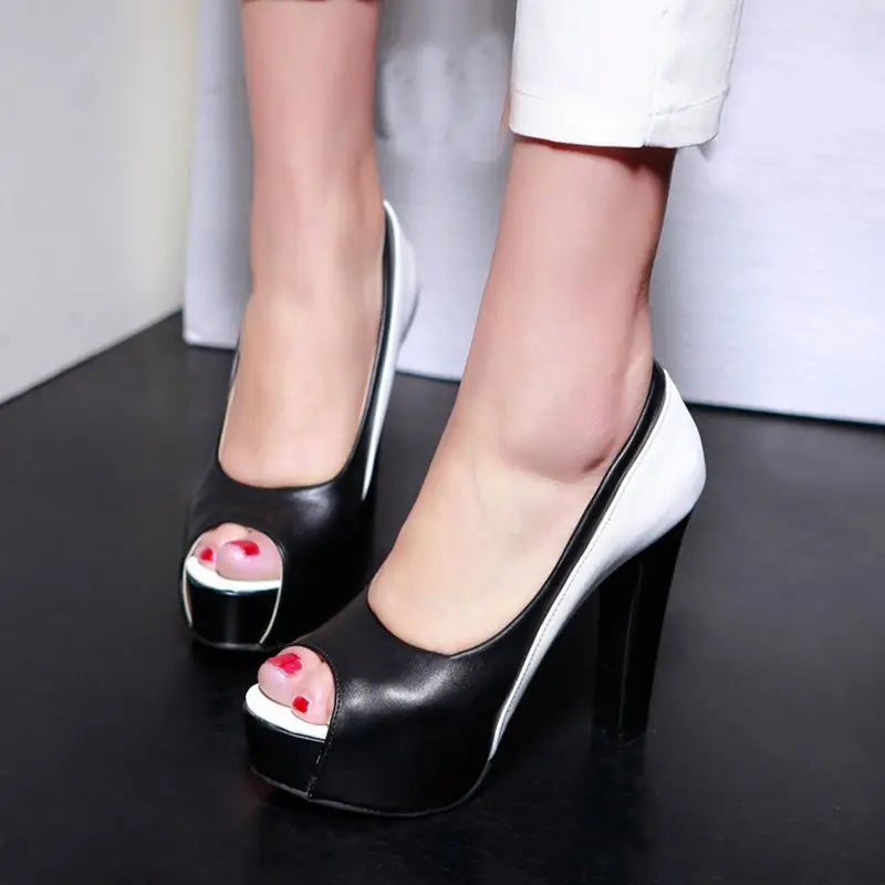 REAVE CAT Sexy Women’s Peep Toe Sandals 10cm High Square Heel Platform Slip-On Party Shoes Plus Sizes EU 32-50 Mixed Colors