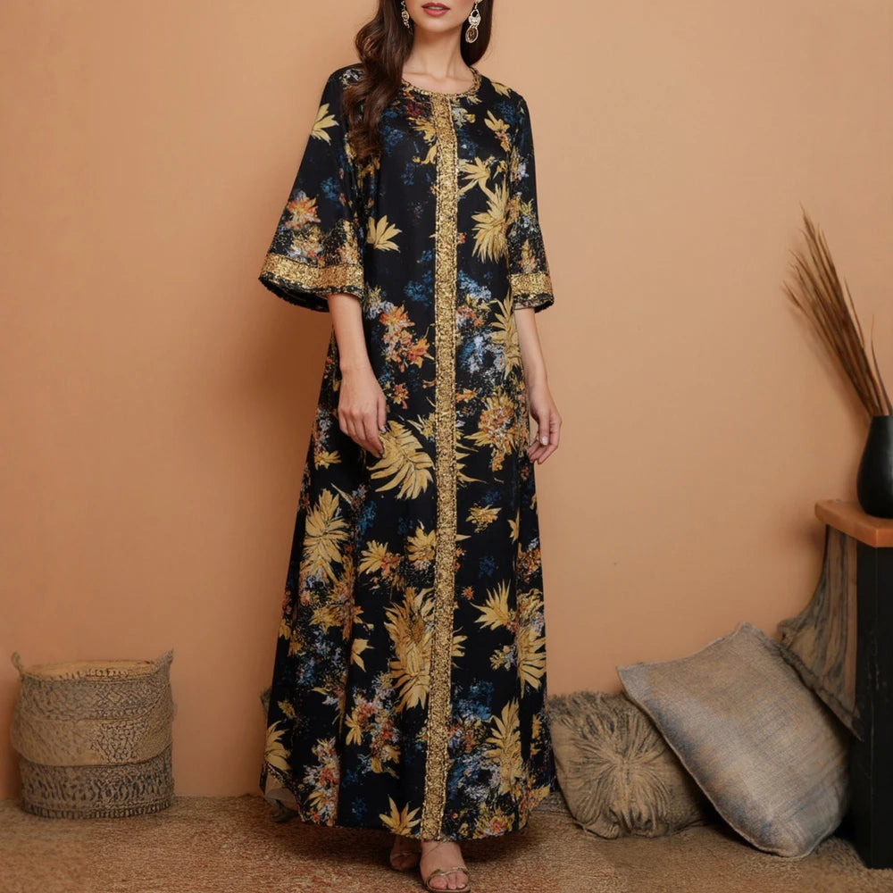 Rafiah Women's Arabian Dress Autumn Winter 2025 Women's Traditional Opulent Full Print Short Sleeve V-Neck Flowy Hem Long Dress
