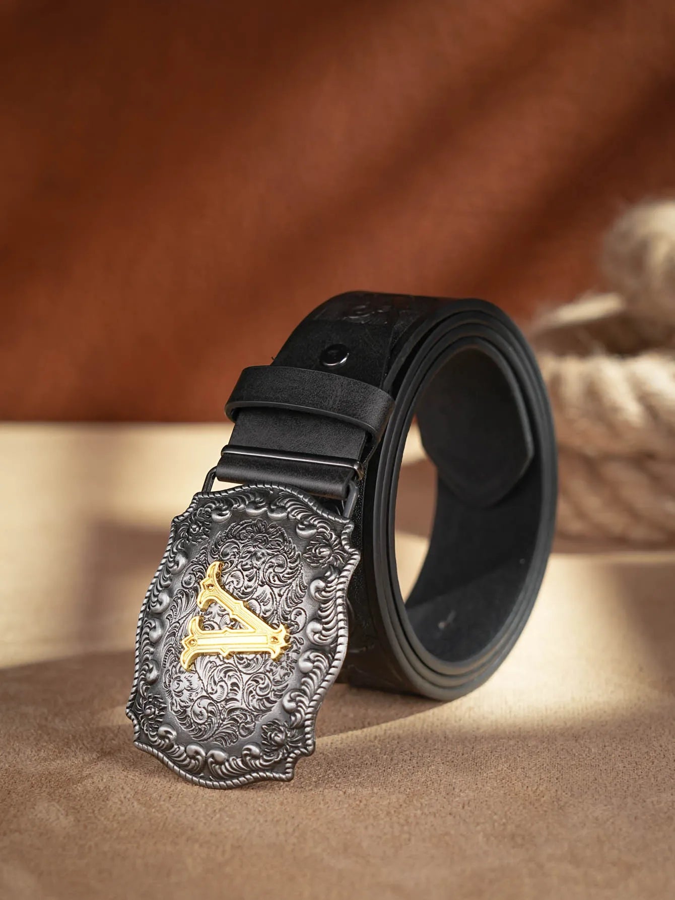 Western Cowboy PU Leather Belt - Men Waist Strap Bull Decoration Floral Engraved for Jeans