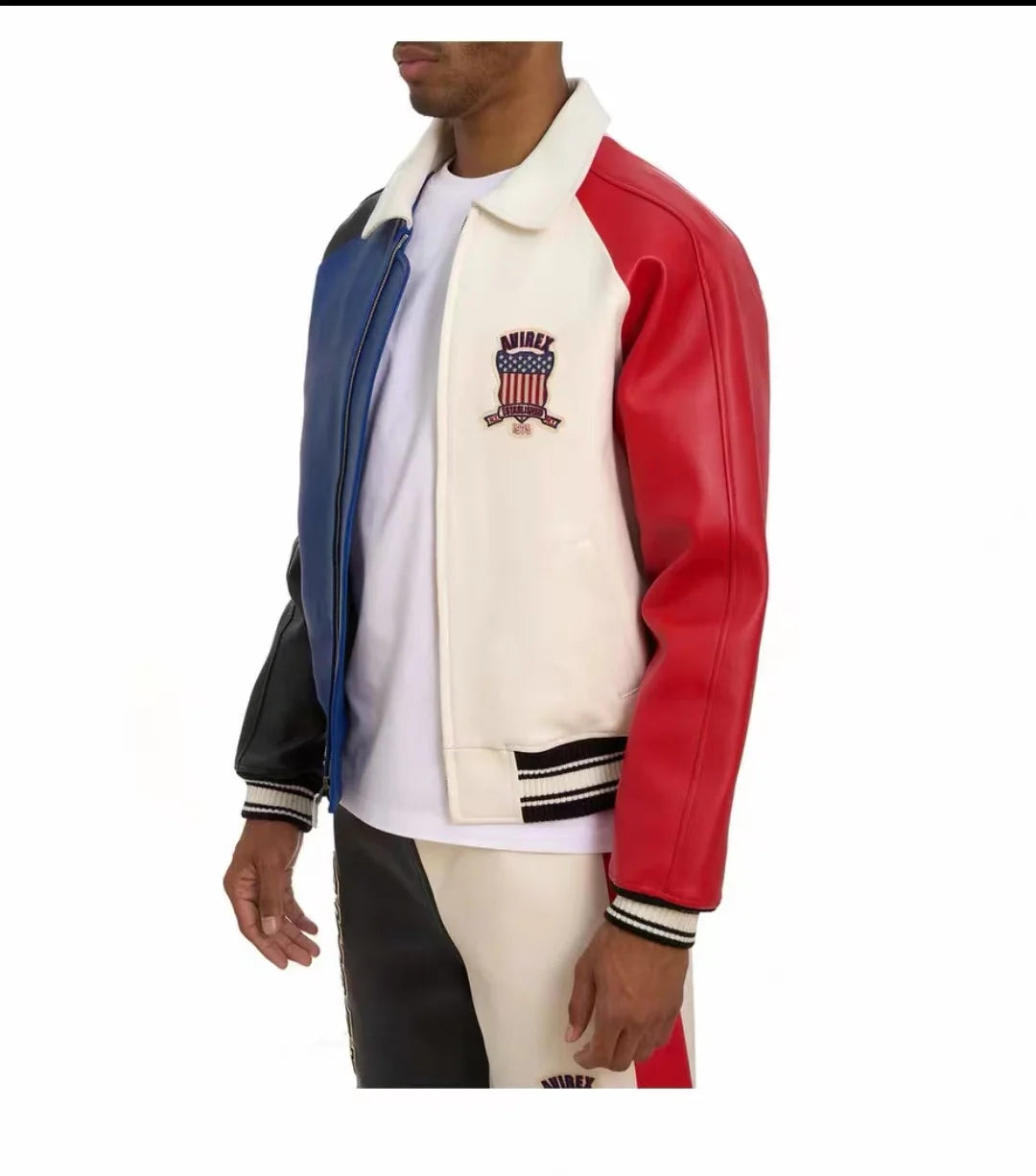 Avirex Colorblocked Men's French Sheepskin Jacket Flight Suit Genuine Leather Leather Jackets US Size Fashion Casual Coat tops