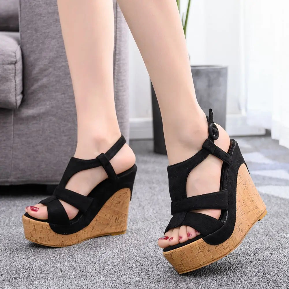 Women’s Summer Flock Sandals – 12CM Wedge Heels with Buckle Strap, White