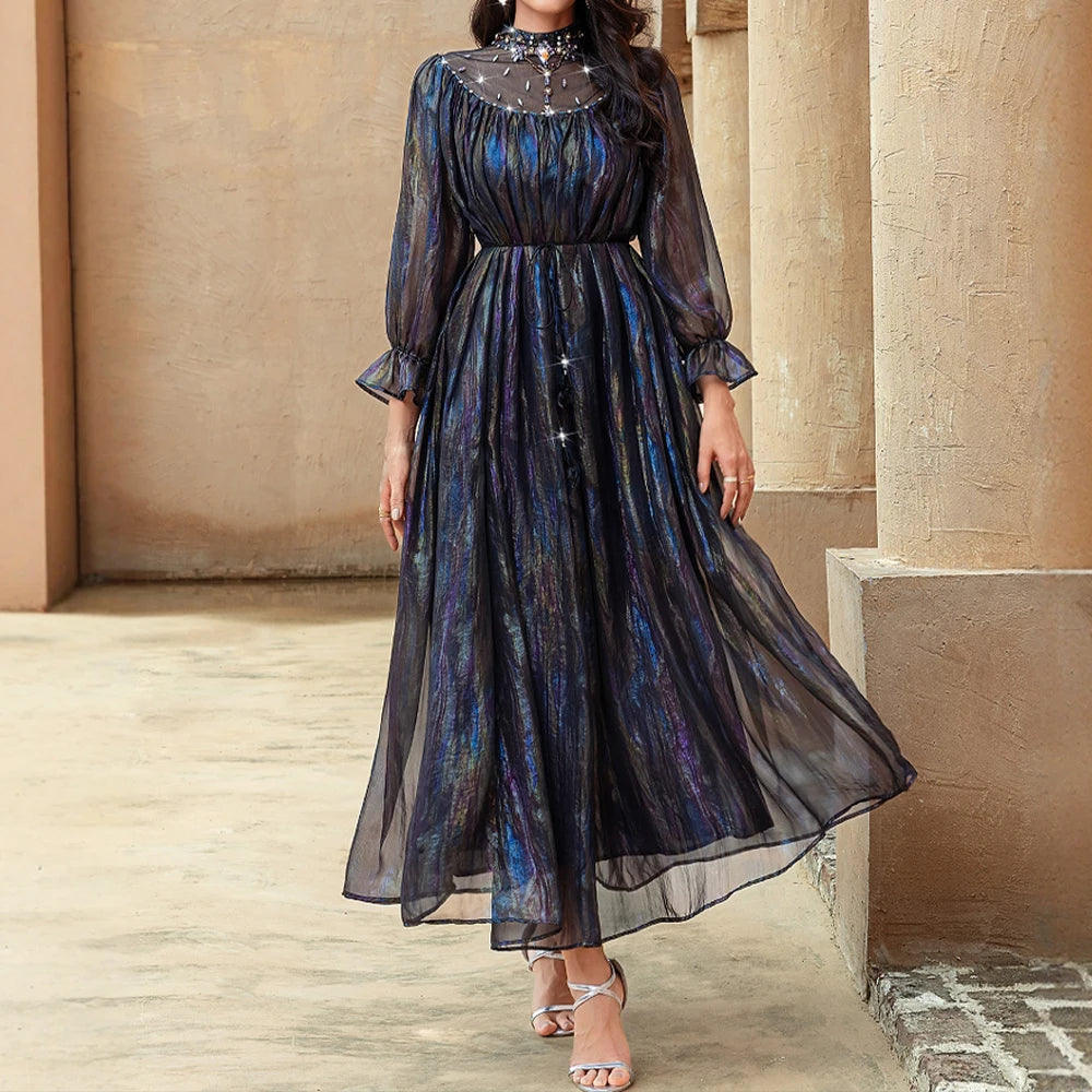 Rafiah Autumn Arabian Dress 2025 Women's Elegant Basics Contrast Color Diamonds Long Sleeve Mock Neck Gauze Dress