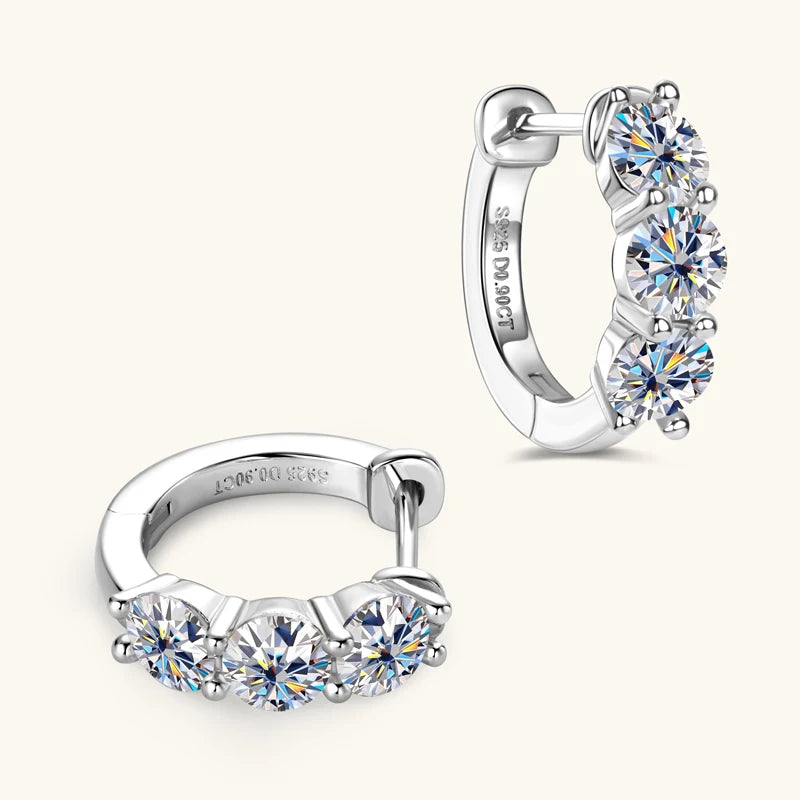 Lnngy Huggies Earrings Sterling Silver 925 Certificated Three Stone 4mm Moissanite Earring For Women Ladies Wedding Jewelry Gift
