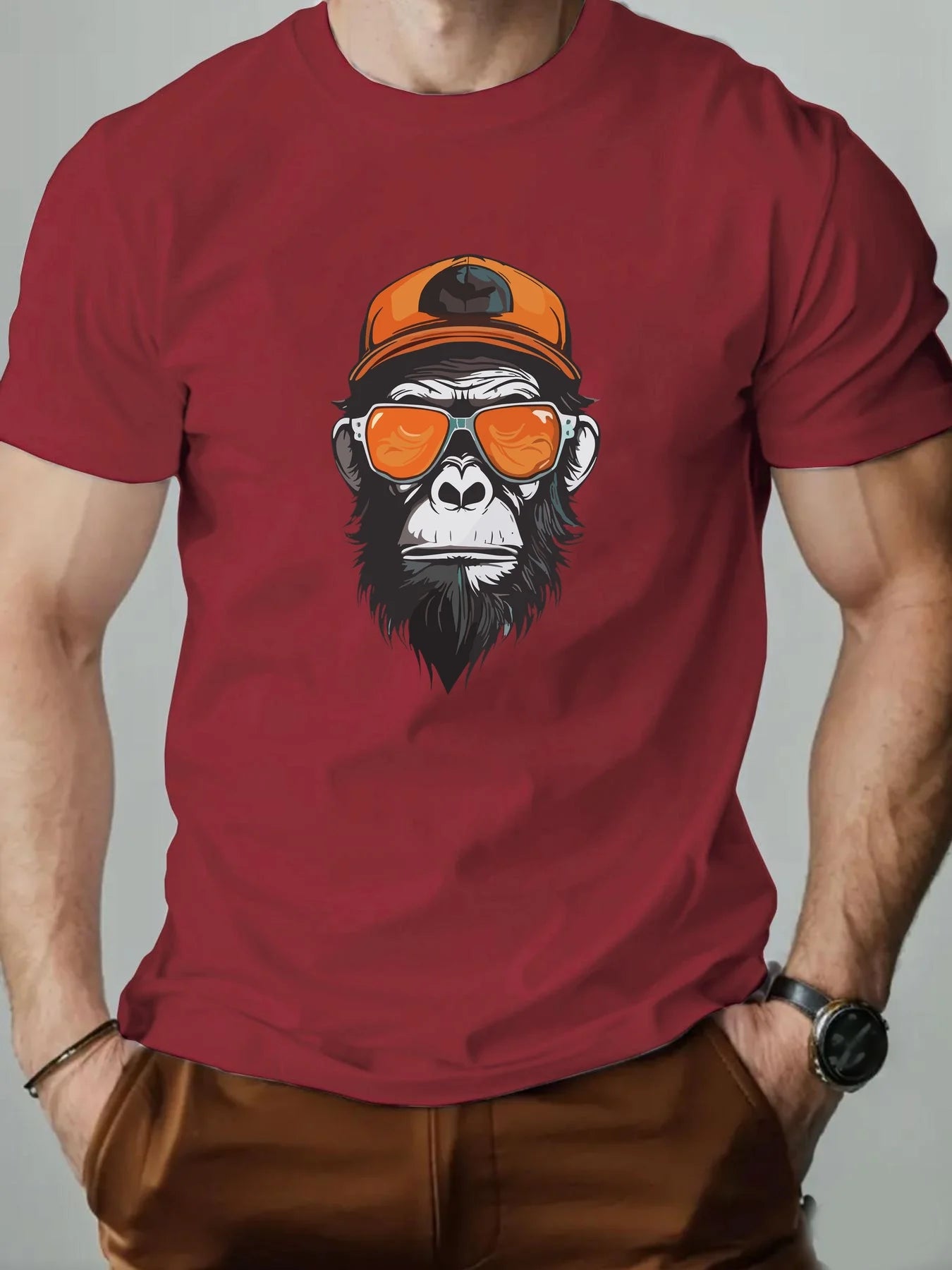 Men's summer 100% pure cotton fashionable casual sports loose monkey with sunglasses π glasses pattern printed round neck short sleeved T-shirt top
