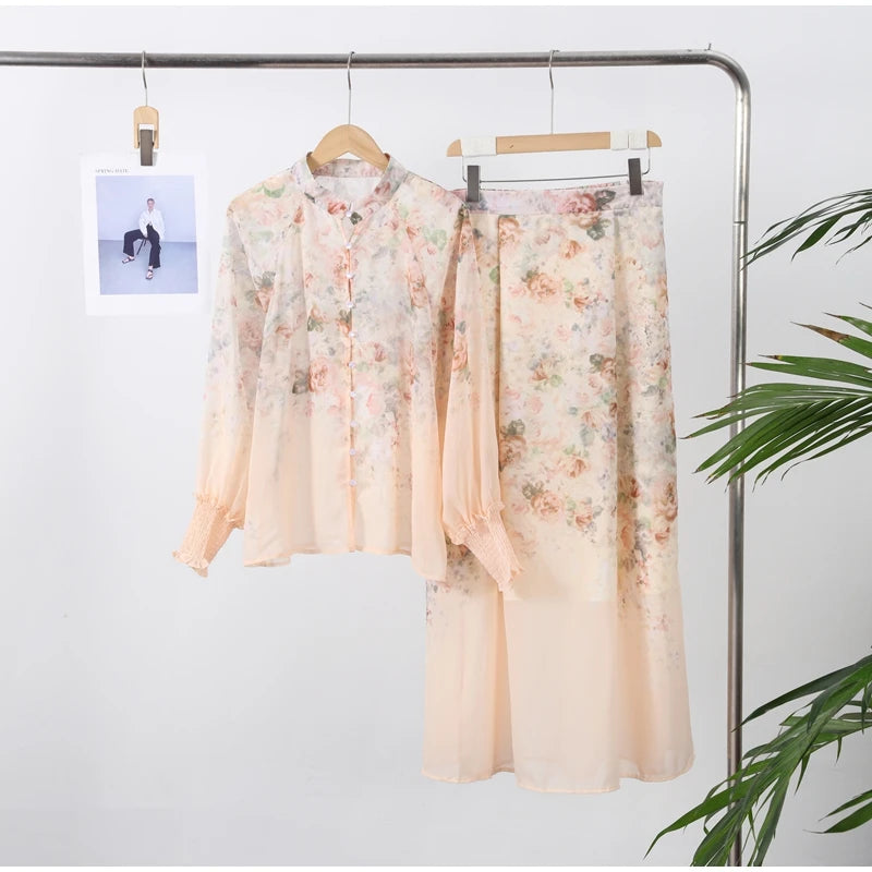 Floral Printed Two-Piece Skirt Set – Loose Full Sleeve Shirt & Pleated Maxi Skirt