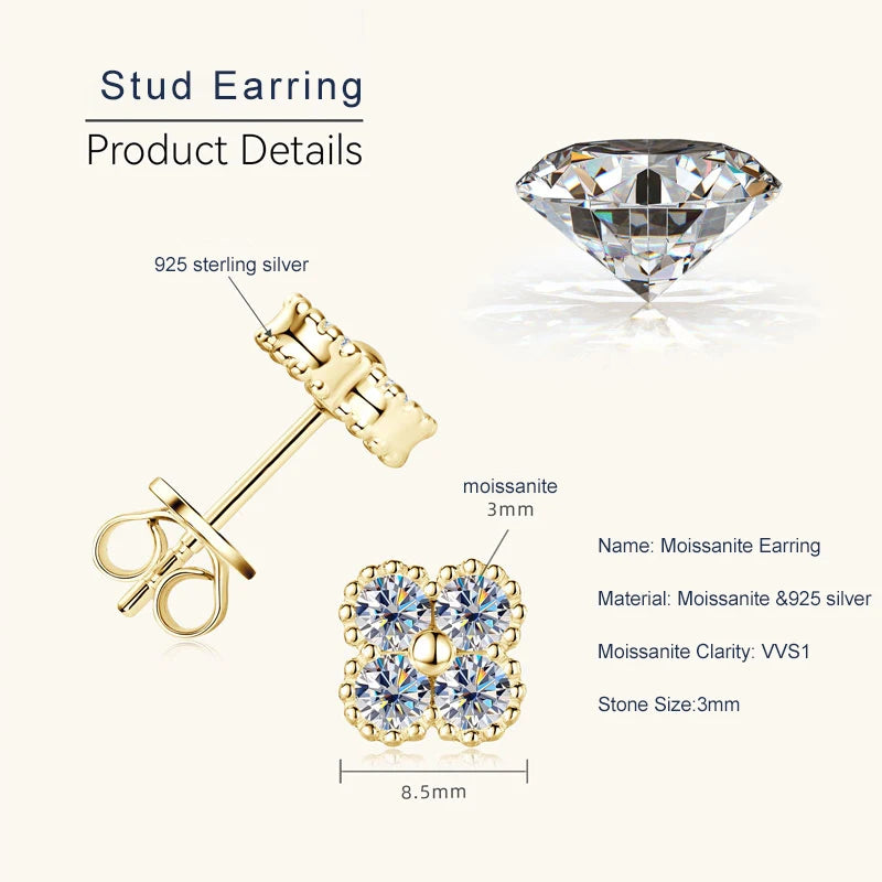 Lnngy Certified Four Leaf Clover 3mm Moissanite Earrings For Women 925 Sterling Silver Stud Earrings Moissanites Jewelry Gift