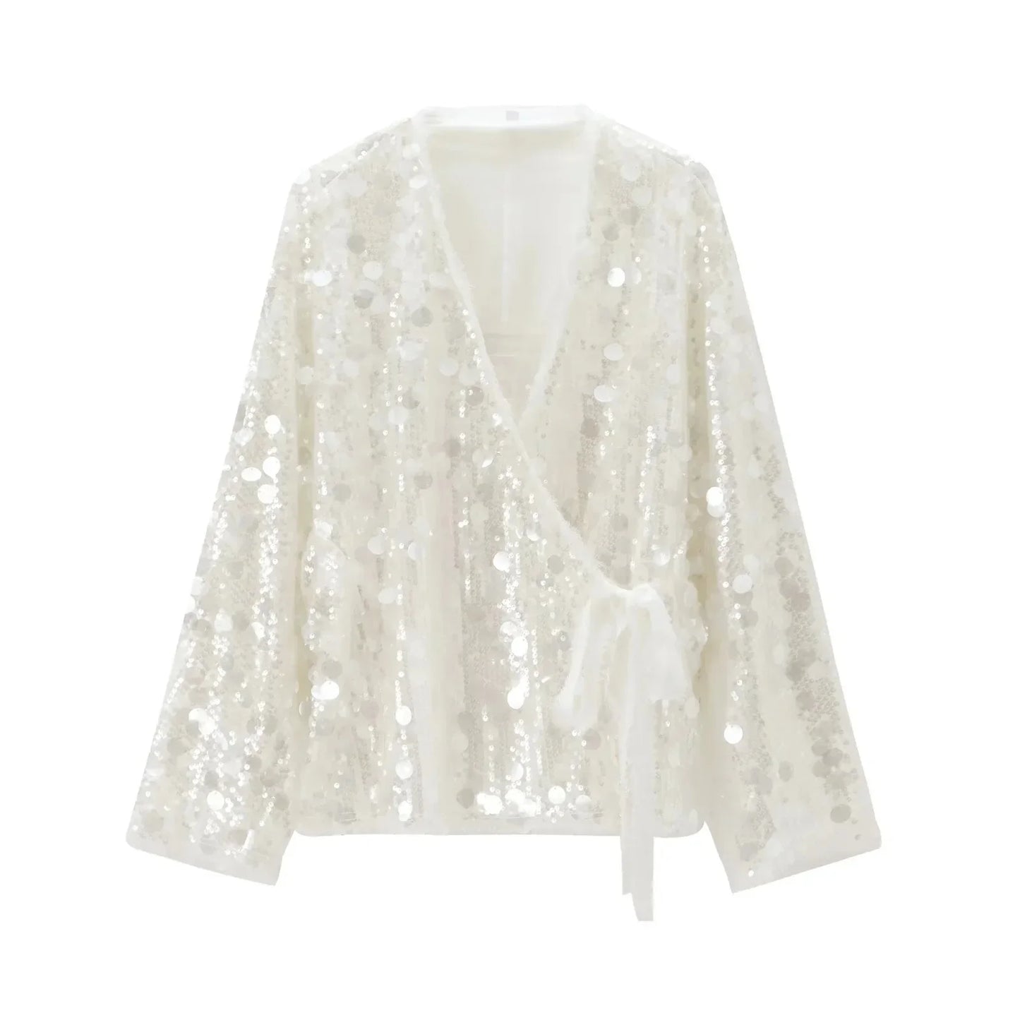 Elegant White Sequins Patchwork Lace-up Cardigan Coat For Women Long Sleeve V-neck Loose Coats Tops Trendy Streetwear Partywear