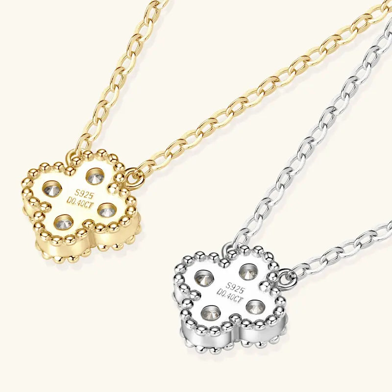 Lnngy 925 Certified Silver Chains Four Leaf Flower Pendant Necklaces 3mm 0.1ct Moissanite Necklace Stud Earring Jewelry Set