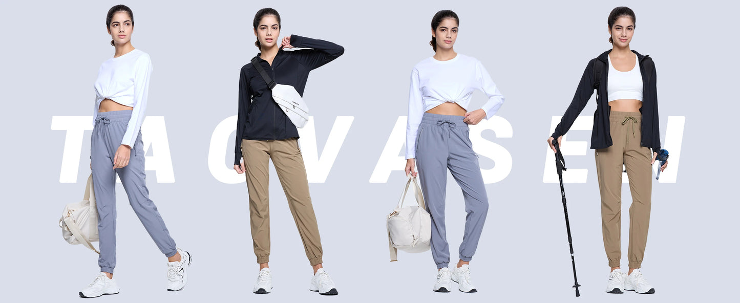 TACVASEN Quick Dry Hiking Pants Womens Outdoor Sports Drawstring Waist Joggers Waterproof Lightweight 3 Zipper Pockets Trousers