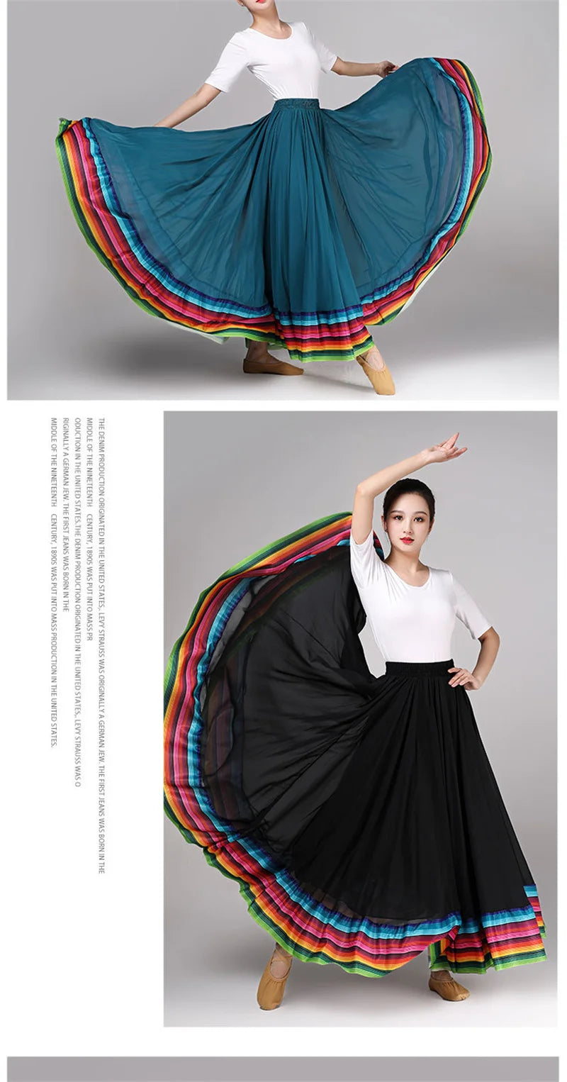 Streetwear Elegant Dance Performance Skirt Women Chiffon Skirts Rainbow-edge Elastic-Waist 720-Degrees Square Danc Maxi Skirts