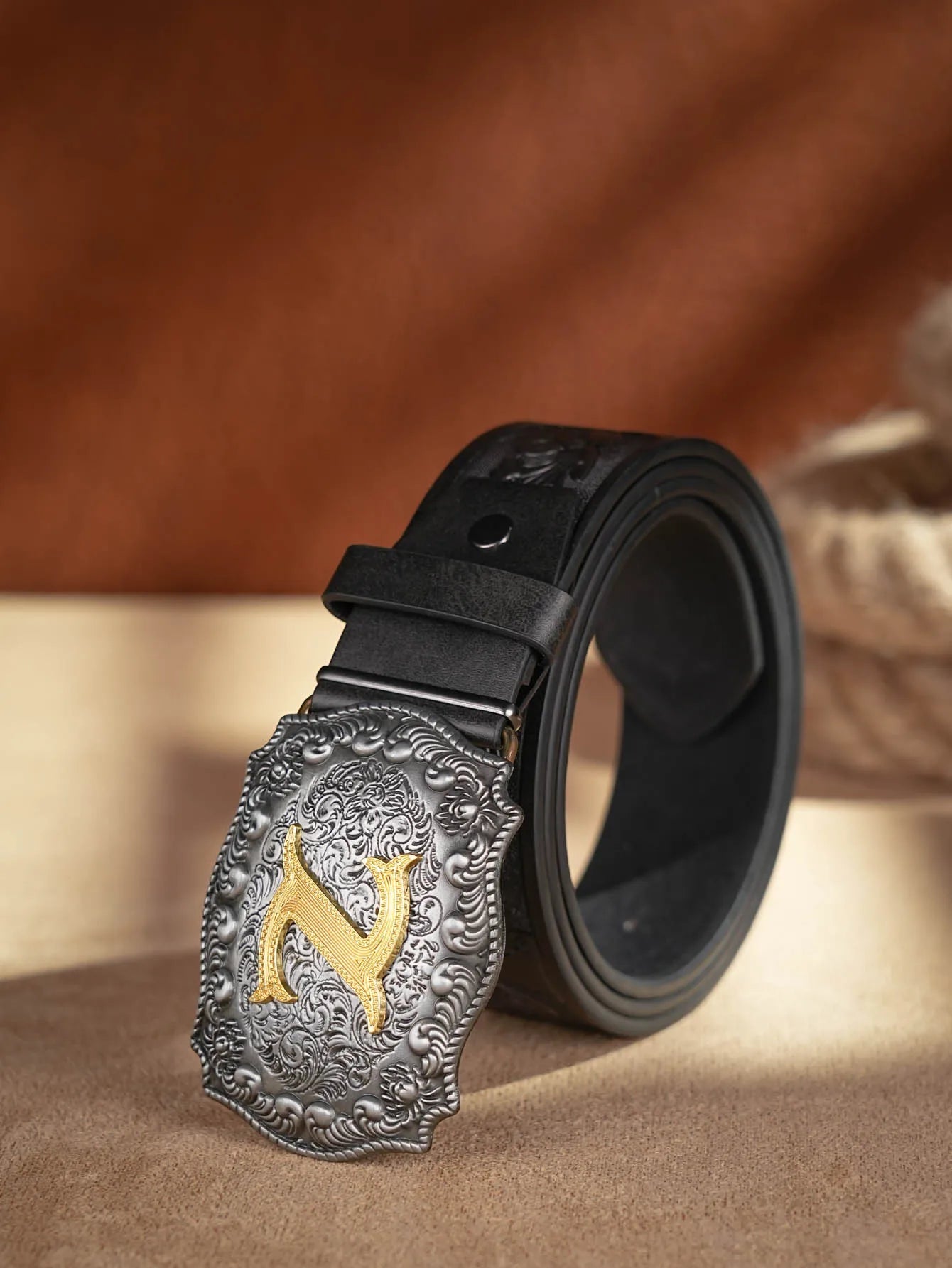 Western Cowboy PU Leather Belt - Men Waist Strap Bull Decoration Floral Engraved for Jeans