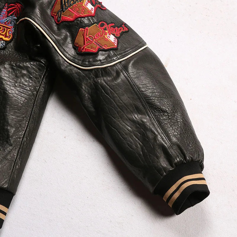Men leather jacket sheepskin retro leisure Europe the United States large size flight suit loose version casino poker warm