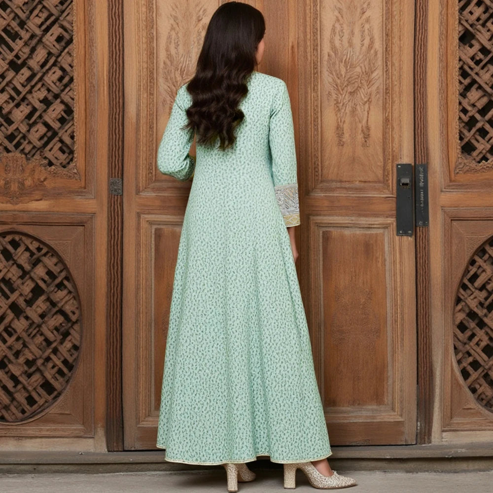 Rafiah Autumn Arabian Dress 2025 Women's Decent Full Print Long Sleeve Square Neck A-Line Daily Basic Midi Dress