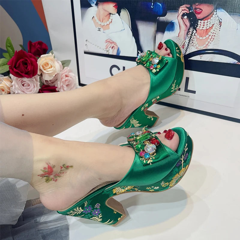 Gladiator Sandals & Bag Set – Green Rhinestone Embroidery, High Heel Party Shoes