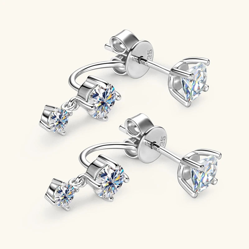 Lnngy Front Back Double Sided Moissanite Stud Earring Pendientes Plata 925 Sterling Silver Earrings For Women 2 in 1 Ear Jewelry