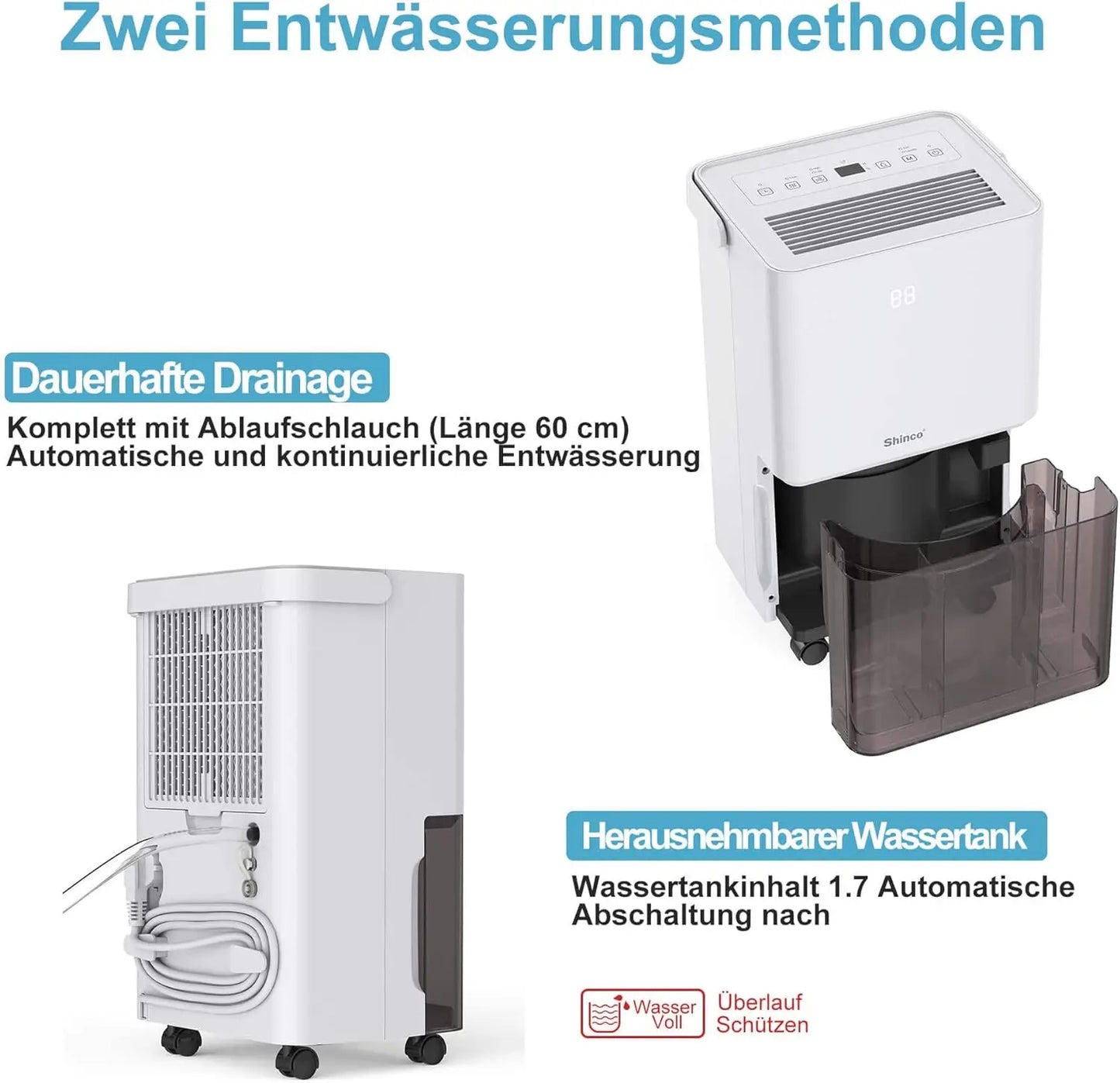 SHINCO Electric Dehumidifier, 10 L, Room Dehumidifier with Moisture Sensor, for 45 m³ (15 m²), Energy Saving, Drain Hose