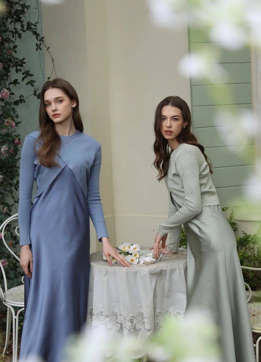 AS 2025 Spring/Summer Elegance Satin Maxi Dress & Knitted Top Set