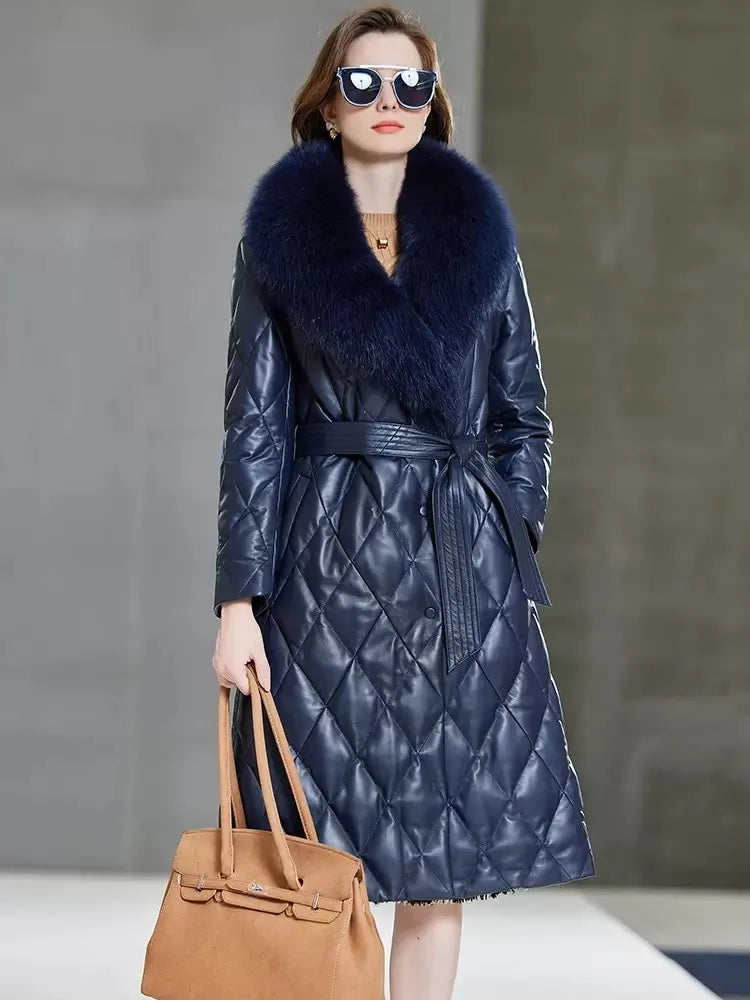 Women Winter Warm Sheepskin Long Down Jacket Belted Fox Fur Collar Elegant Lady Genuine Leather Overcoat Windproof Trench Coat