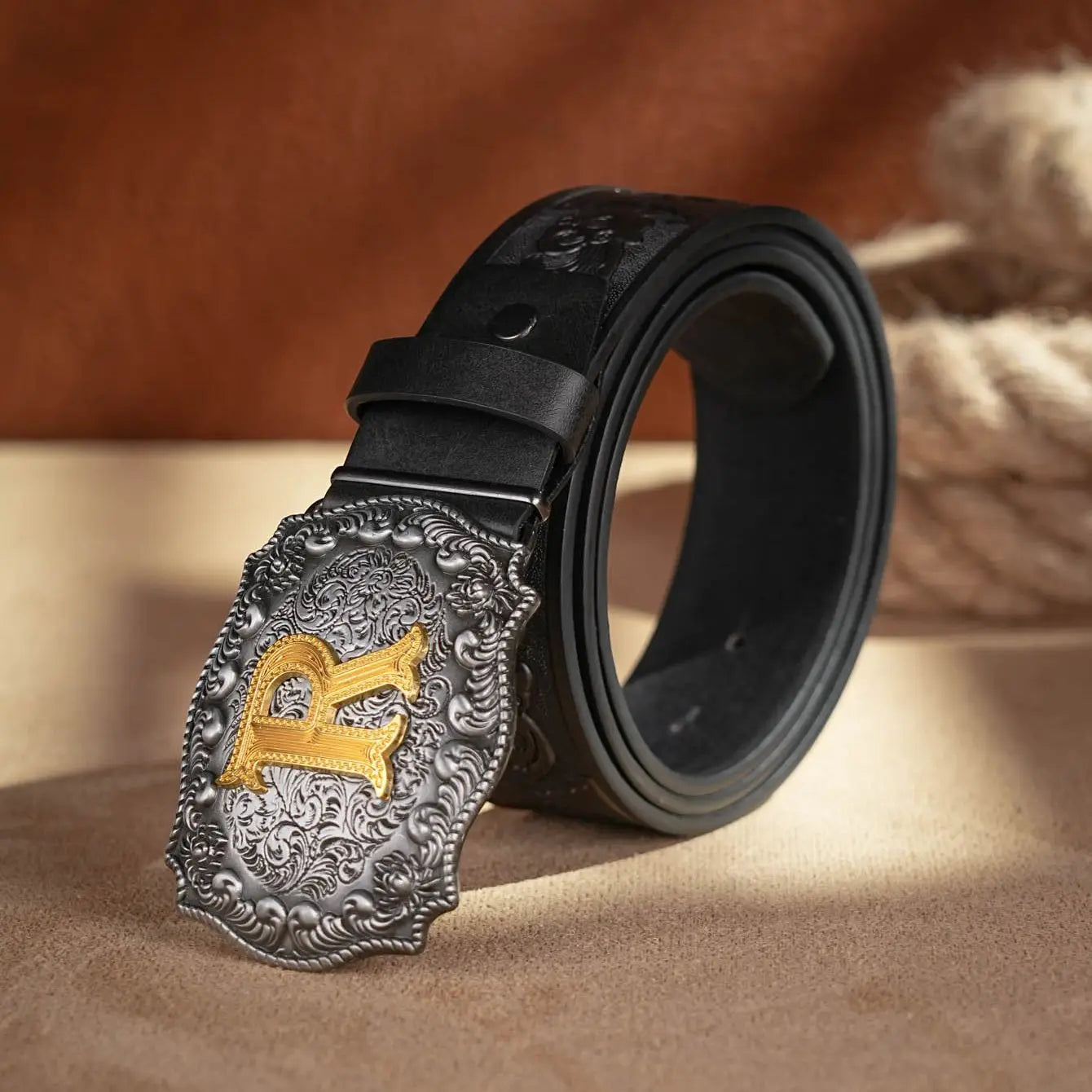 Western Cowboy PU Leather Belt - Men Waist Strap Bull Decoration Floral Engraved for Jeans