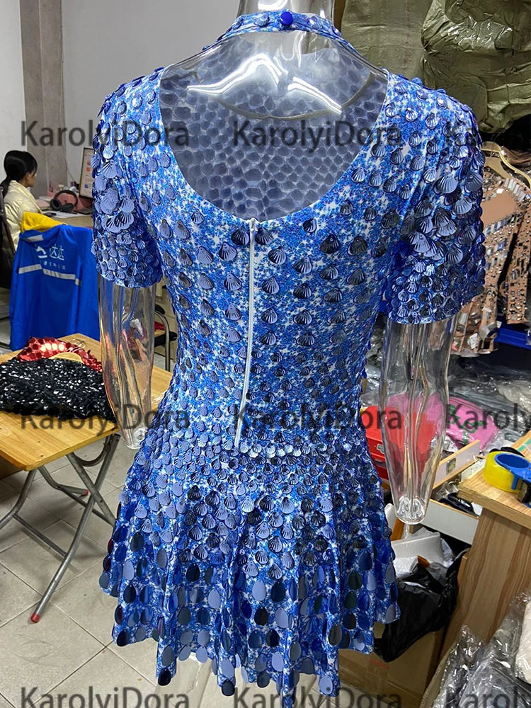 Sexy Black Shell Sequins Mini Dress Nightclub Dance High Quality Performance Clothing Bodysuit Birthday Red Dresses