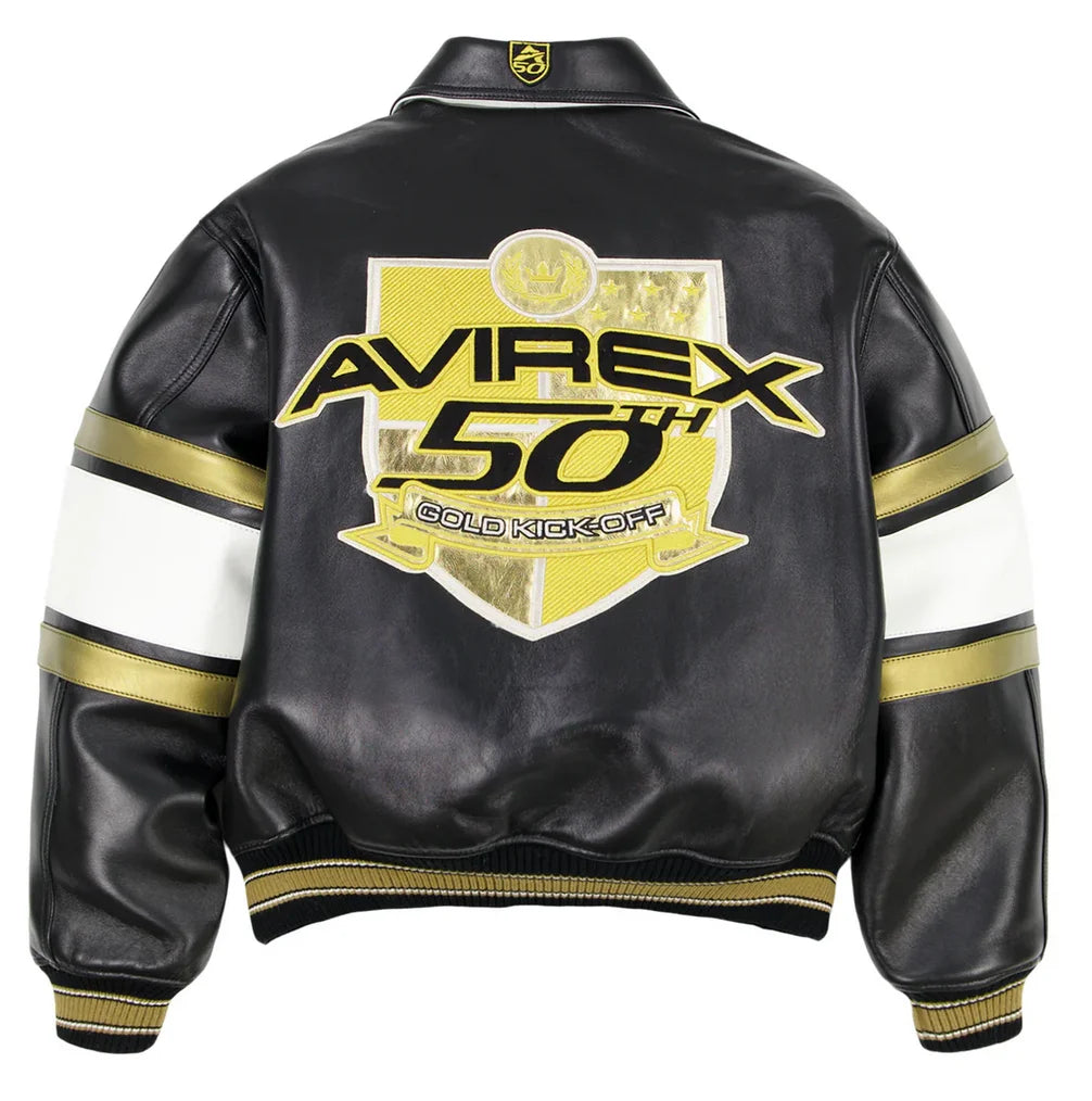 AVIREX Spring 2025 New Release Limited Edition European Sheepskin Jacket Gold Badge Embroidered 50TH ANNIVERSARY Leather coat