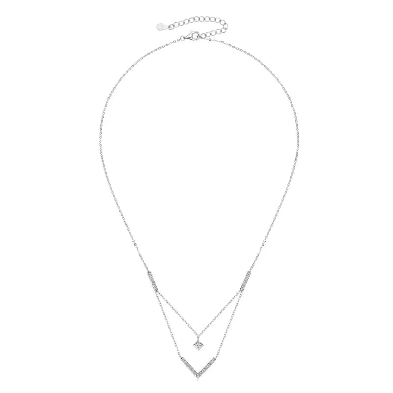 Lnngy Sparkling 3mm&1.8mm Round Moissanite Necklace 925 Sterling Silver Fashion V-Shape Necklaces for Women Fine Jewelry Gift