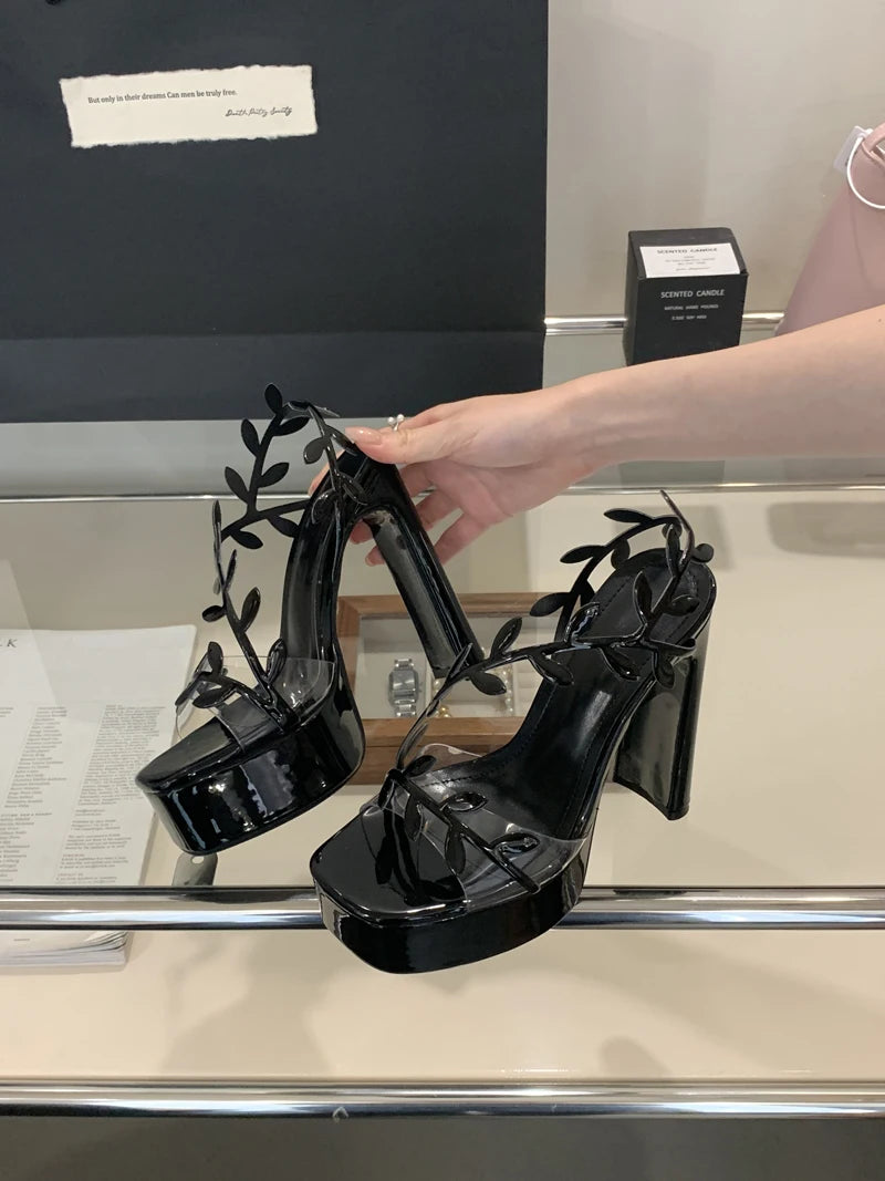 Women’s 13cm Gold Platform Heeled Sandals – Silver Leaves PVC Transparent Party Dress Shoes
