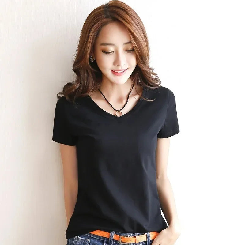 Women Short Sleeves T-shirt Bottoming Shirt Round Neck or V Neck Shirt Black White Solid Color Top Homewear T-shirt