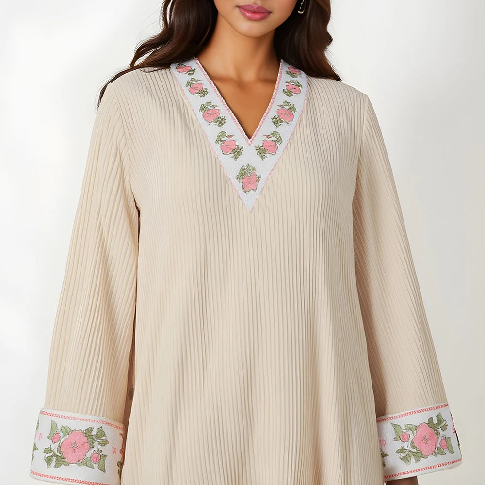 Rafiah Women's Summer 2025 Dress Solid Color V-Neck Striped Floral Embroidery Relaxed Silhouette Long Dress