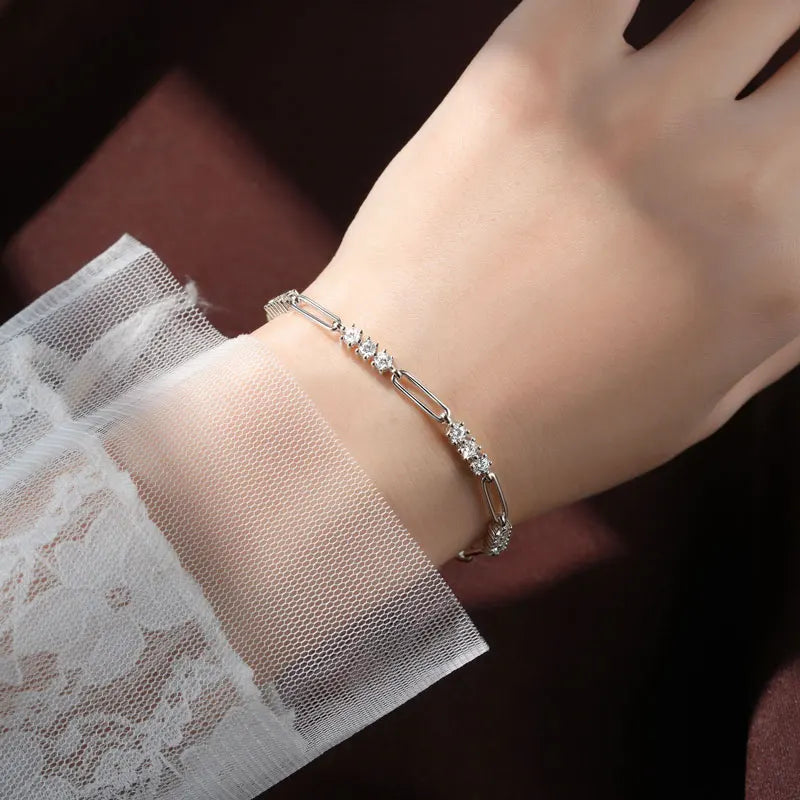 Lnngy Certified Round 3MM Moissanite Bracelet For Women 925 Sterling Silver Adjustable Chain Bracelets Fashion Hand Jewelry Gift