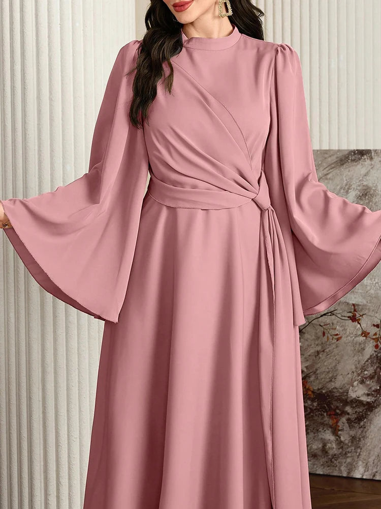 Rafiah Women's Dress 2025 Elegant Casual Arabic Style Dress with Waist Tie for Daily Simple Wear Long Evening Dress