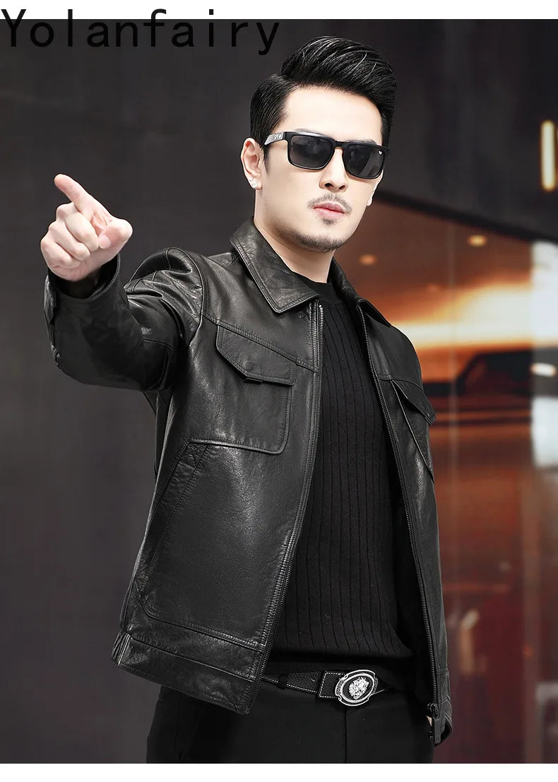Men's Distressed Genuine Cowhide Leather Jacket – Spring Autumn Casual Slim Fit