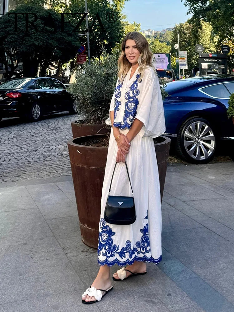 TRAFZA 2024 Women Skirt Set Blue Embroidery Three Quarter Bat Sleeve Shirt +Folds A Line Long Skirt Casual Loose Beach Holiday